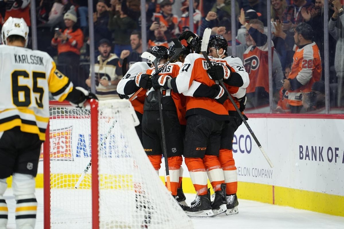 Oct 28, 2025; Philadelphia, Pennsylvania, USA; Philadelphia Flyers teammates celebrate a goal by right wing Bobby Brink (10) against the Pittsburgh Penguins in the first period at Xfinity Mobile Arena. Mandatory Credit: Kyle Ross-Imagn Images