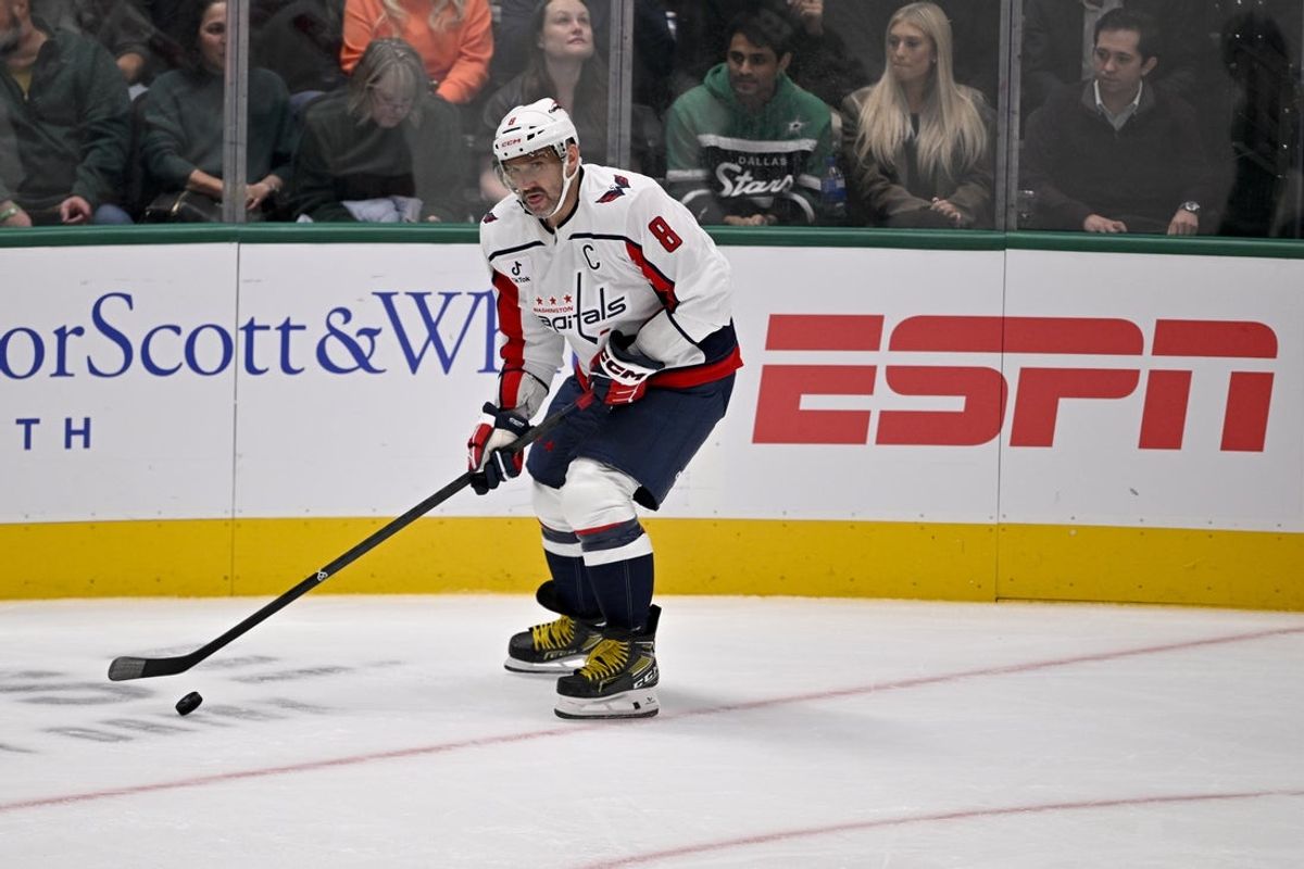 Oct 28, 2025; Dallas, Texas, USA; Washington Capitals left wing Alex Ovechkin (8) skates with the puck during the first period against the Dallas Stars at the American Airlines Center. Mandatory Credit: Jerome Miron-Imagn Images