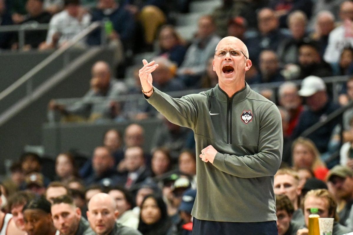 Oct 28, 2025; Hartford, CT, USA; Connecticut Huskies head coach Dan Hurley during the first half against the Michigan State Spartans at PeoplesBank Arena. Mandatory Credit: Mark Smith-Imagn Images