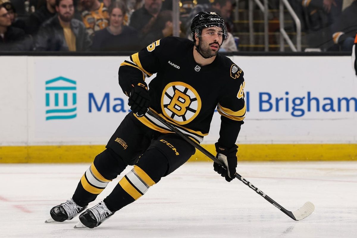 Oct 28, 2025; Boston, Massachusetts, USA; Boston Bruins defenseman Jonathan Aspirot (45) skates against the New York Islanders during the third period at TD Garden. Mandatory Credit: Winslow Townson-Imagn Images