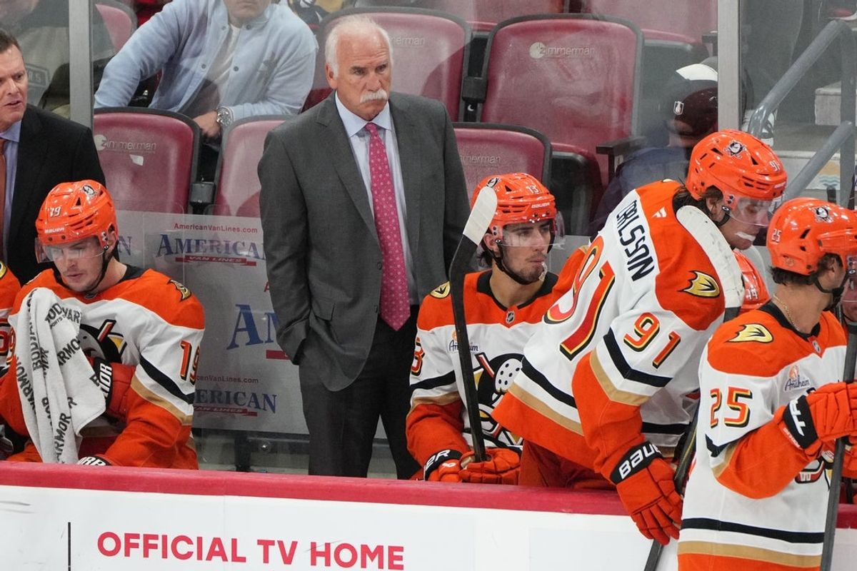 Oct 28, 2025; Sunrise, Florida, USA; Anaheim Ducks head coach Joel Quenneville looks on from the bench during the third period against the Florida Panthers at Amerant Bank Arena. Mandatory Credit: Jim Rassol-Imagn Images