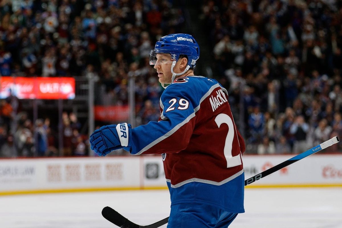Oct 28, 2025; Denver, Colorado, USA; Colorado Avalanche center Nathan MacKinnon (29) reacts after his goal in the second period against the New Jersey Devils at Ball Arena. Mandatory Credit: Isaiah J. Downing-Imagn Images