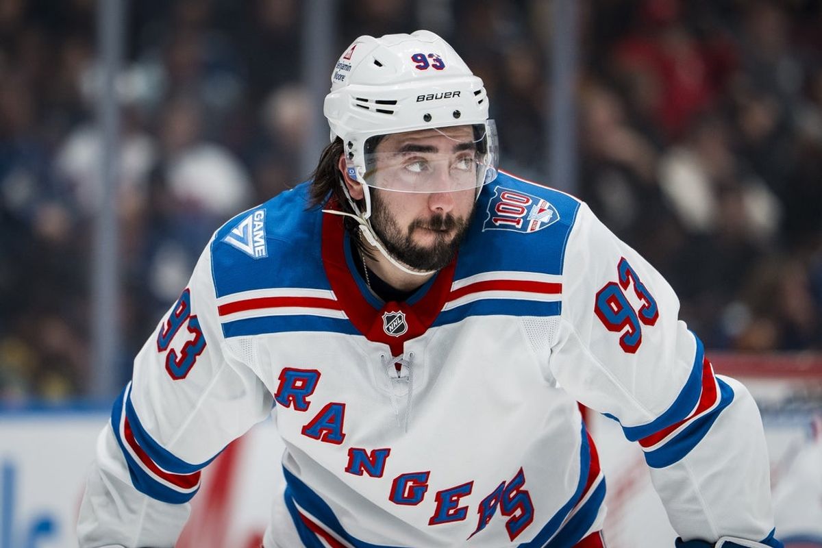 Oct 28, 2025; Vancouver, British Columbia, CAN; New York Rangers forward Mika Zibanejad (93) during a stop in play against the Vancouver Canucks in the second period at Rogers Arena. Mandatory Credit: Bob Frid-Imagn Images