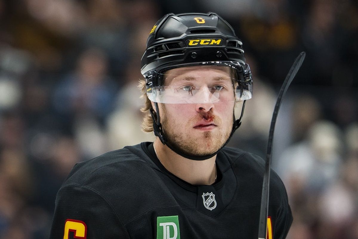 Oct 28, 2025; Vancouver, British Columbia, CAN; Vancouver Canucks forward Brock Boeser (6) during a stop in play against the New York Rangers in the second period at Rogers Arena. Mandatory Credit: Bob Frid-Imagn Images