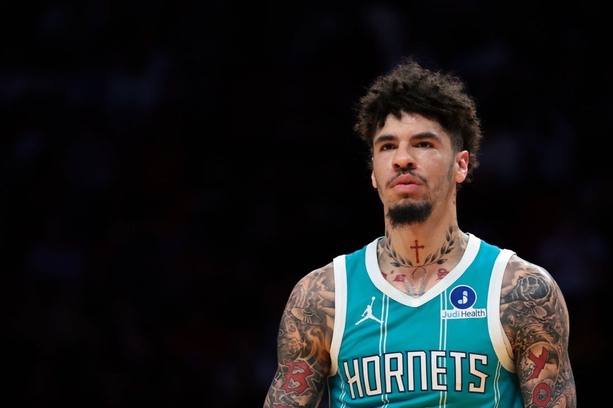 Oct 28, 2025; Miami, Florida, USA; Charlotte Hornets guard LaMelo Ball (1) looks on against the Miami Heat during the first quarter at Kaseya Center. Mandatory Credit: Sam Navarro-Imagn Images