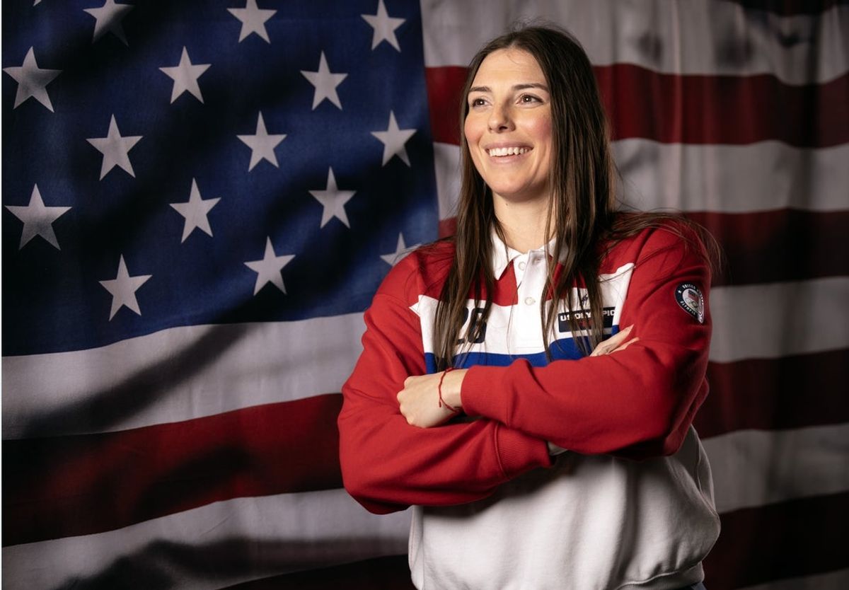Oct 29, 2025; New York, NY, UNITED STATES; Hilary Knight poses for a photo during the U.S. Olympic Team Media Summit in preparation for the 2026 Milan Olympic Winter Games at Javits Center. Mandatory Credit: Robert Deutsch-Imagn Images