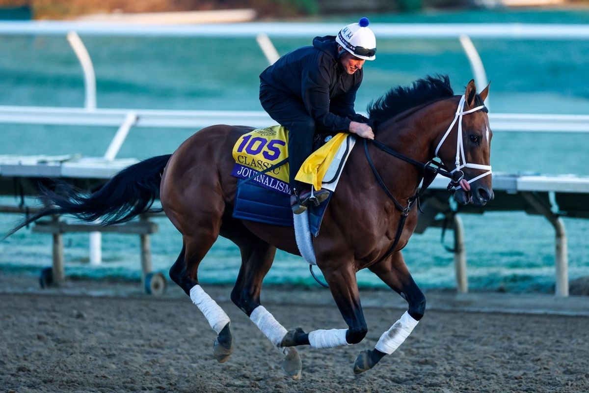 Oct 29, 2025; Del Mar, CA, USA; Journalism trains ahead of the 2025 Breeders Cup Championship at Del Mar Thoroughbred Club. Mandatory Credit: David Frerker-Imagn Images