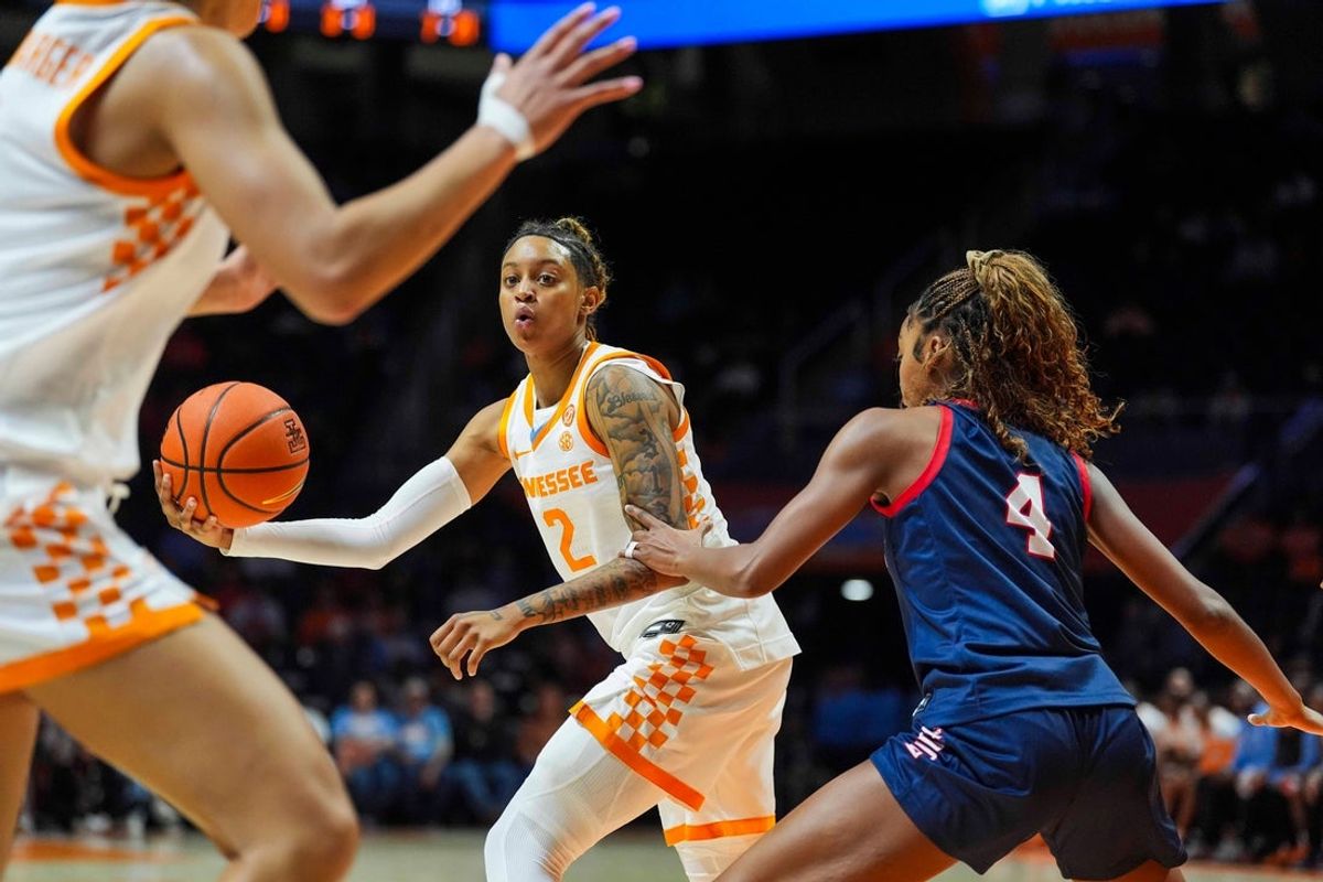 Tennessee guard Ruby Whitehorn (2) passes the ball in front of Columbus State guard Nekaya Williams (4) during a NCAA exhibition game between the Tennessee Lady Vols and Columbus State Cougars at Thompson-Boling Arena at Food City Center in Knoxville, Tennessee on Oct. 29, 2025.