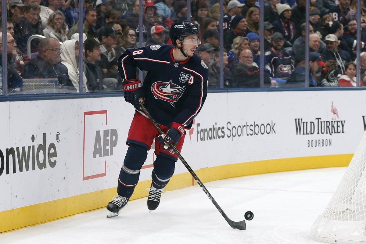 Oct 29, 2025; Columbus, Ohio, USA; Columbus Blue Jackets defenseman Zach Werenski (8) carries the puck against the Toronto Maple Leafs during the first period at Nationwide Arena. Mandatory Credit: Russell LaBounty-Imagn Images