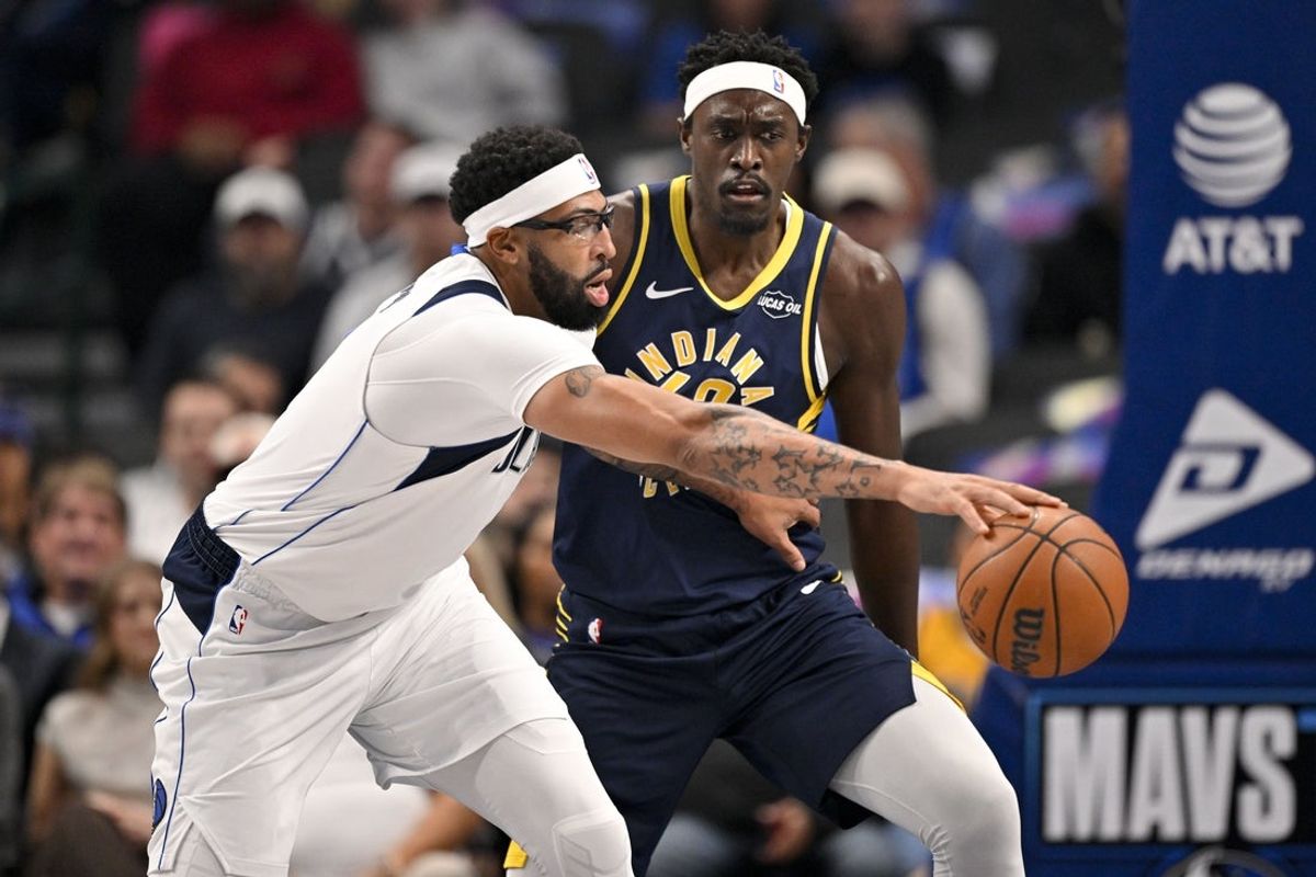 Oct 29, 2025; Dallas, Texas, USA; Dallas Mavericks forward Anthony Davis (3) controls the ball in front of Indiana Pacers forward Pascal Siakam (43) during the first quarter at the American Airlines Center. Mandatory Credit: Jerome Miron-Imagn Images