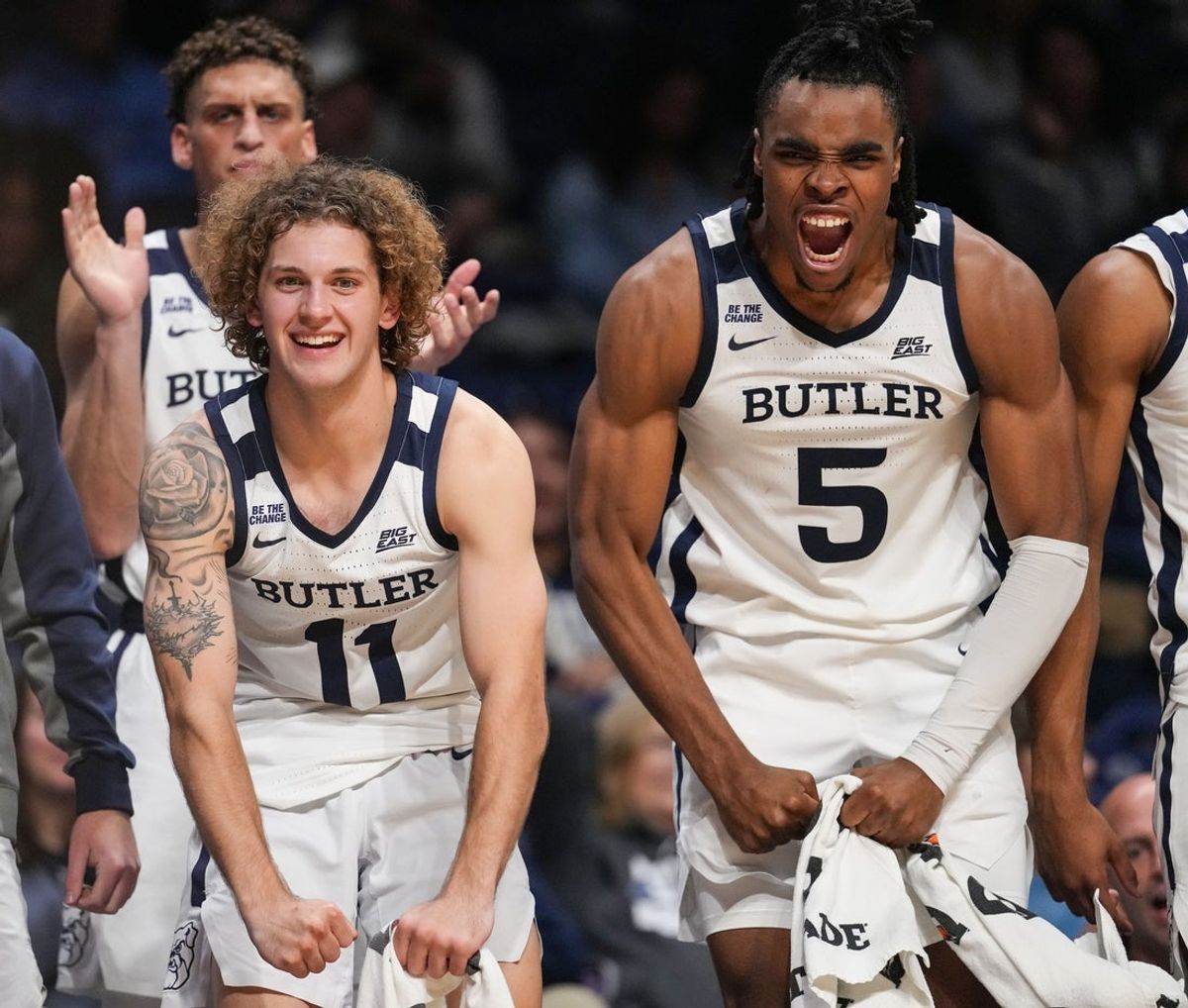 Butler Bulldogs guard Finley Bizjack (11) and /b5 yell in excitement from the sidelines Wednesday, Oct. 29, 2025, during the game at Hinkle Fieldhouse in Indianapolis. The Butler Bulldogs defeated the Indiana State Sycamores, 105-80.