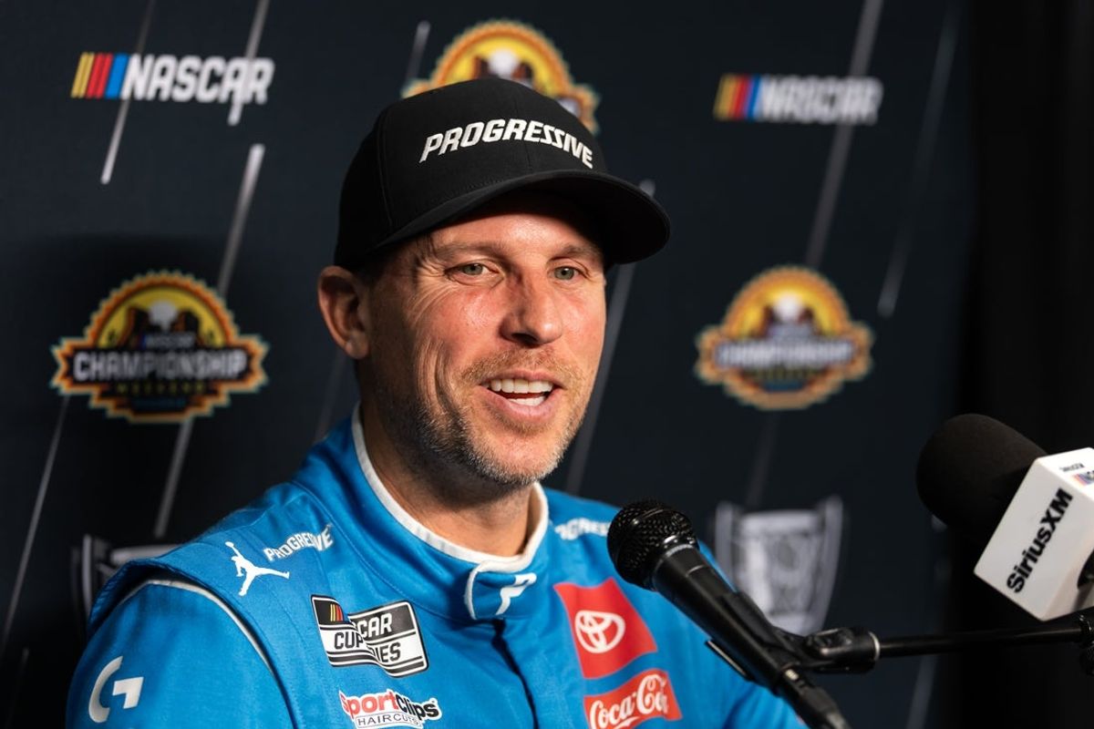 Oct 30, 2025; Avondale, Arizona, USA; NASCAR Cup Series driver Denny Hamlin during Championship Four media day at Phoenix Raceway. Mandatory Credit: Mark J. Rebilas-Imagn Images