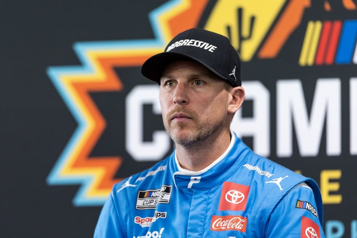 Oct 30, 2025; Avondale, Arizona, USA; NASCAR Cup Series driver Denny Hamlin during Championship Four media day at Phoenix Raceway. Mandatory Credit: Mark J. Rebilas-Imagn Images