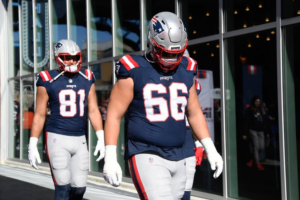 Oct 26, 2025; Foxborough, Massachusetts, USA; New England Patriots offensive tackle Will Campbell (66) walks to the field prior to a game against the Cleveland Browns at Gillette Stadium. Mandatory Credit: Bob DeChiara-Imagn Images