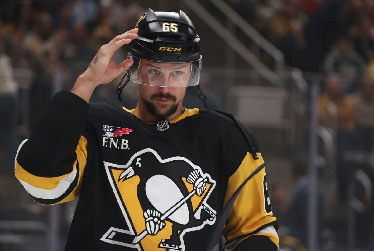 Oct 27, 2025; Pittsburgh, Pennsylvania, USA;  Pittsburgh Penguins defenseman Erik Karlsson (65) looks on before the game against the St. Louis Blues at PPG Paints Arena. Mandatory Credit: Charles LeClaire-Imagn Images