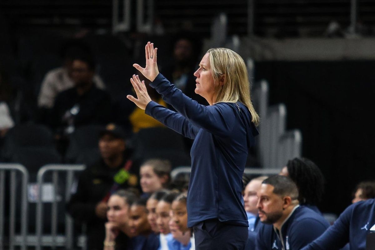 Oct 30, 2025; Atlanta, GA, USA; North Carolina Tar Heels head coach Courtney Banghart during the game against the South Carolina Gamecocks during the first quarter at State Farm Arena. Mandatory Credit: Jordan Godfree-Imagn Images