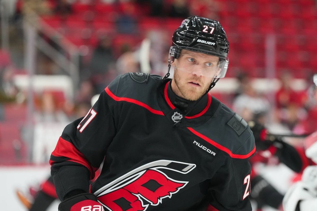 Oct 28, 2025; Raleigh, North Carolina, USA;  Carolina Hurricanes left wing Nikolaj Ehlers (27) looks on during the warmups before the game against the Vegas Golden Knights at Lenovo Center. Mandatory Credit: James Guillory-Imagn Images