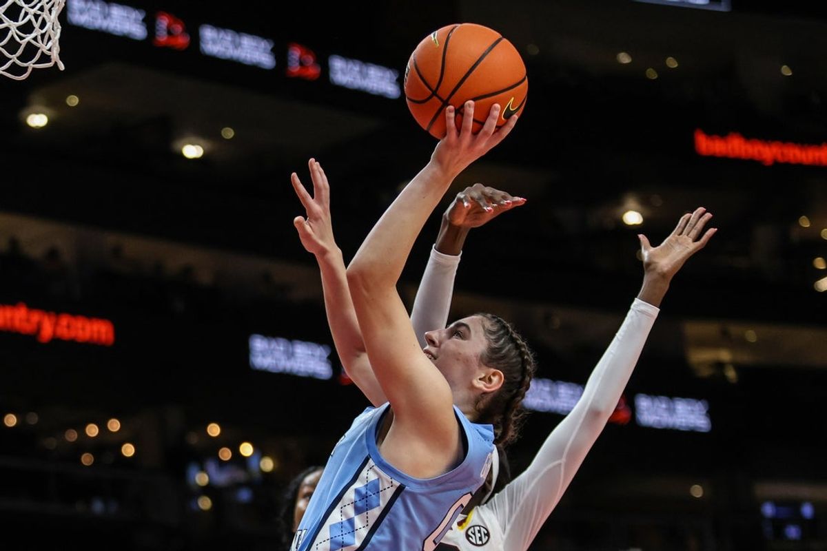 Oct 30, 2025; Atlanta, GA, USA; North Carolina Tar Heels guard Lanie Grant (0) shoots the ball against the South Carolina Gamecocks during the first quarter at State Farm Arena. Mandatory Credit: Jordan Godfree-Imagn Images