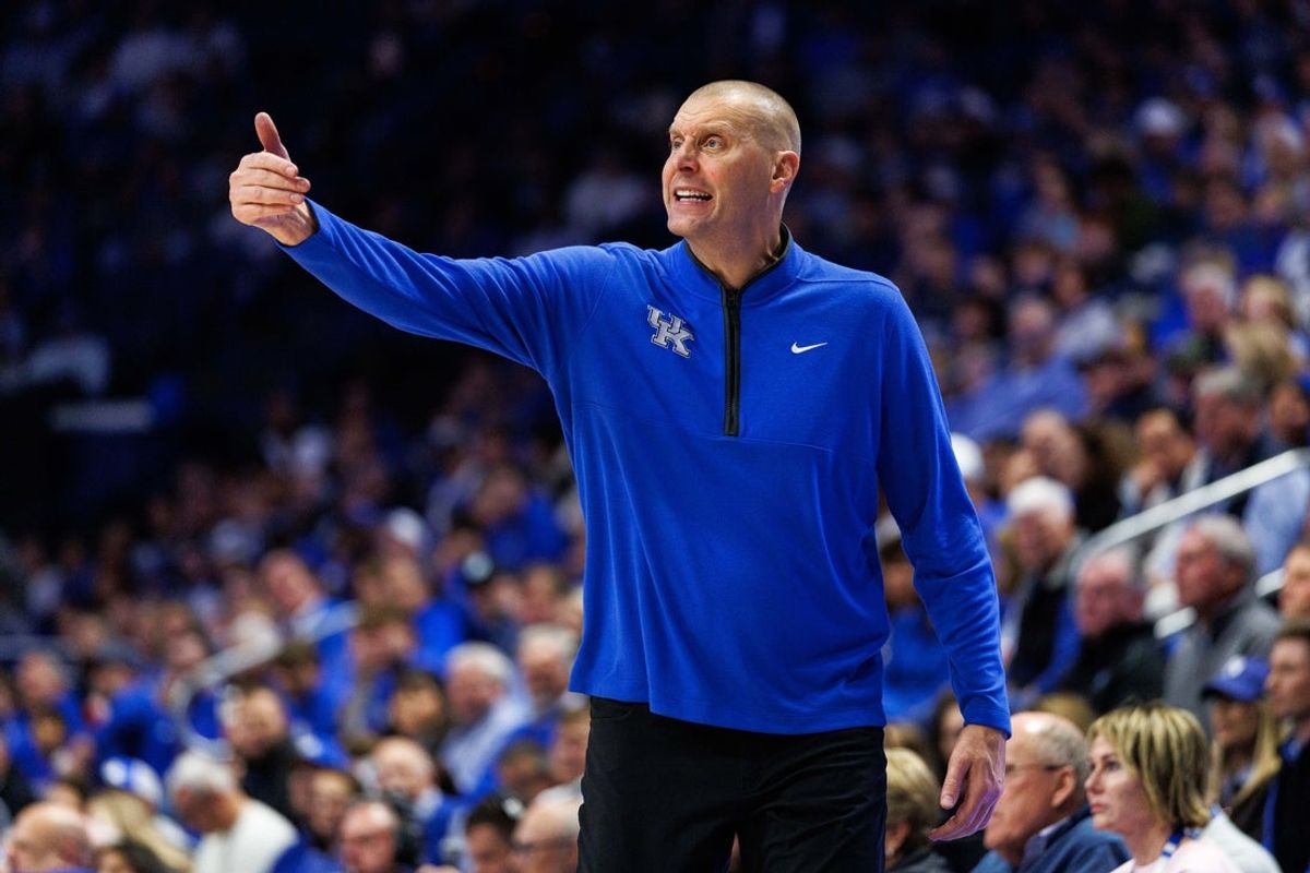 Oct 30, 2025; Lexington, KY, USA; Kentucky Wildcats head coach Mark Pope calls out to his players during the first half against the Georgetown Hoyas at Rupp Arena at Central Bank Center. Mandatory Credit: Jordan Prather-Imagn Images