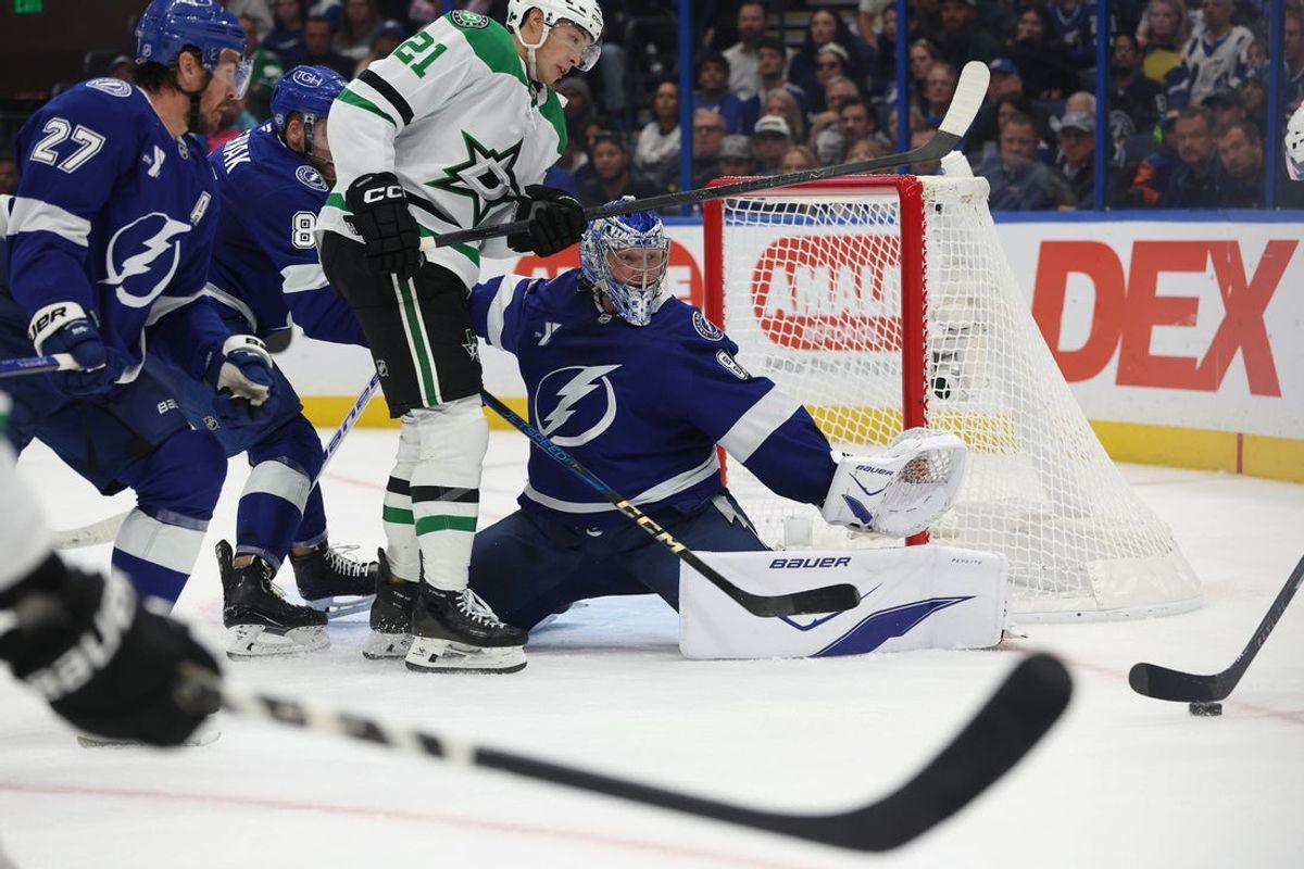 Oct 30, 2025; Tampa, Florida, USA; Tampa Bay Lightning goaltender Andrei Vasilevskiy (88) looks on at the puck against the Dallas Stars during the second period at Benchmark International Arena. Mandatory Credit: Kim Klement Neitzel-Imagn Images