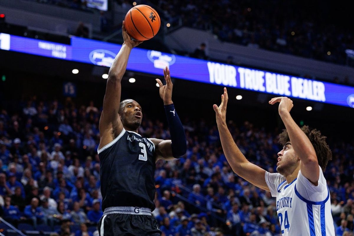 Oct 30, 2025; Lexington, KY, USA; Georgetown Hoyas center Vincent Iwuchukwu (3) shoots the ball against Kentucky Wildcats center Malachi Moreno (24) during the first half at Rupp Arena at Central Bank Center. Mandatory Credit: Jordan Prather-Imagn Images