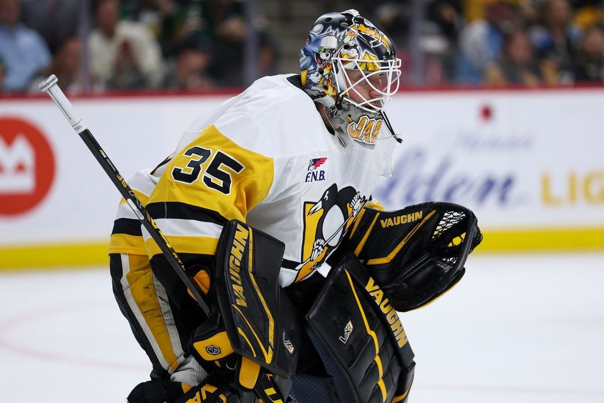 Oct 30, 2025; Saint Paul, Minnesota, USA; Pittsburgh Penguins goaltender Tristan Jarry (35) defends against the Minnesota Wild during the second period at Grand Casino Arena. Mandatory Credit: Matt Krohn-Imagn Images