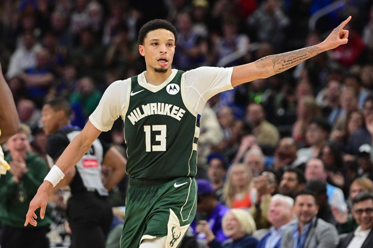 Oct 30, 2025; Milwaukee, Wisconsin, USA;  Milwaukee Bucks guard Ryan Rollins (13) reacts in the 4th quarter against the Golden State Warriors at Fiserv Forum. Mandatory Credit: Benny Sieu-Imagn Images