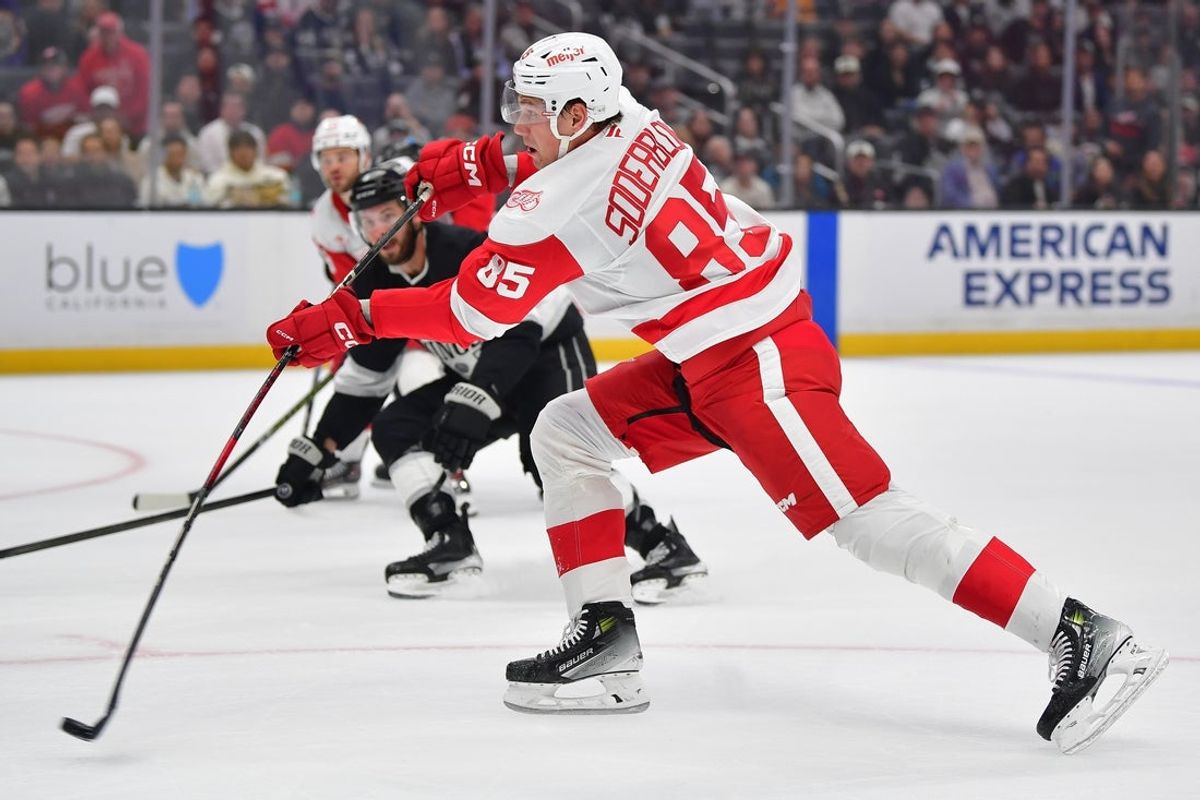Oct 30, 2025; Los Angeles, California, USA; Detroit Red Wings left wing Elmer Soderblom (85) moves in for a shot against the Los Angeles Kings during the first period at Crypto.com Arena. Mandatory Credit: Gary A. Vasquez-Imagn Images