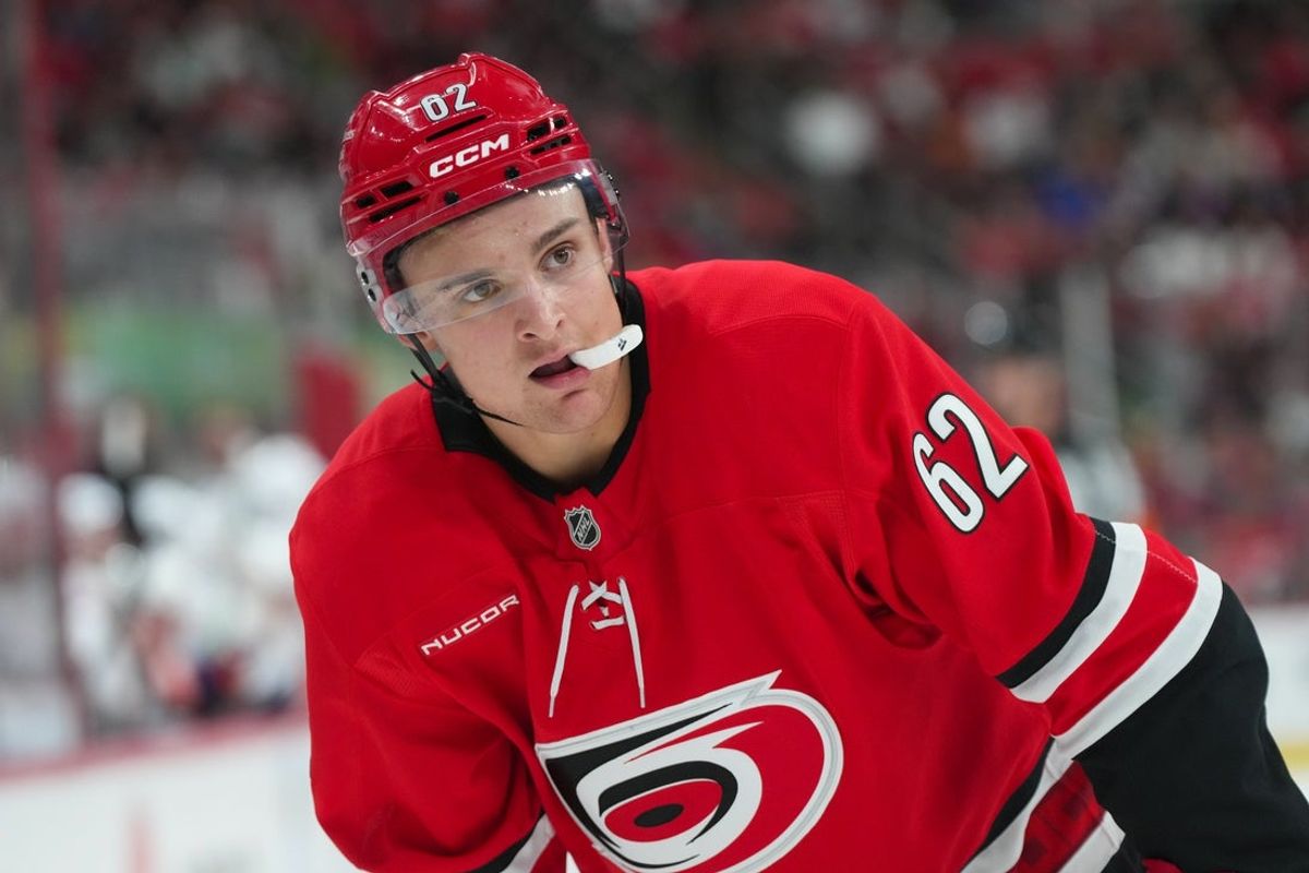 Oct 30, 2025; Raleigh, North Carolina, USA;  Carolina Hurricanes defenseman Charles Alexis Legault (62). Mandatory Credit: James Guillory-Imagn Images