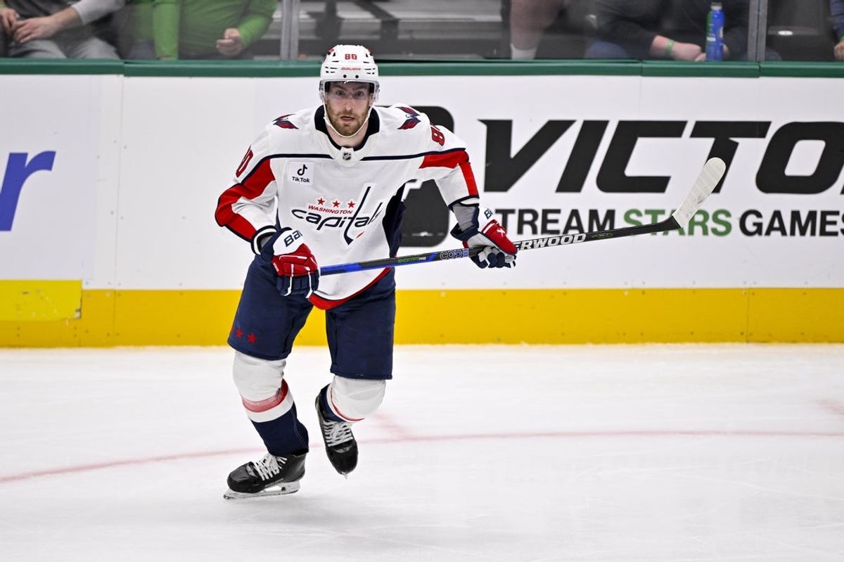 Oct 28, 2025; Dallas, Texas, USA; Washington Capitals left wing Pierre-Luc Dubois (80) skates against the Dallas Stars during the game between the Stars and the Capitals at the American Airlines Center. Mandatory Credit: Jerome Miron-Imagn Images