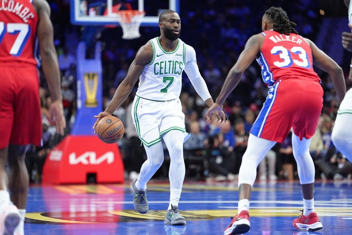 Oct 31, 2025; Philadelphia, Pennsylvania, USA; Boston Celtics forward Jaylen Brown (7) controls the ball against the Philadelphia 76ers in the first quarter at Xfinity Mobile Arena. Mandatory Credit: Kyle Ross-Imagn Images