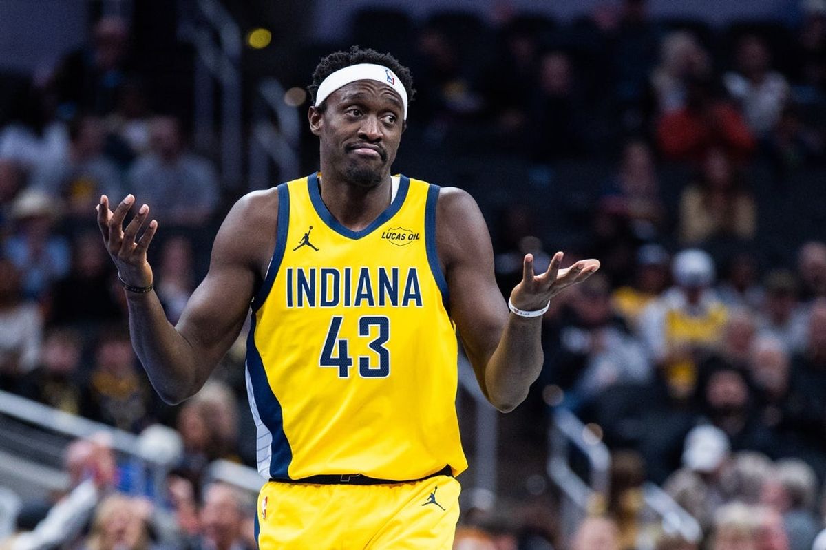 Oct 31, 2025; Indianapolis, Indiana, USA; Indiana Pacers forward Pascal Siakam (43) reacts to a made basket in the first half against the Atlanta Hawks at Gainbridge Fieldhouse. Mandatory Credit: Trevor Ruszkowski-Imagn Images