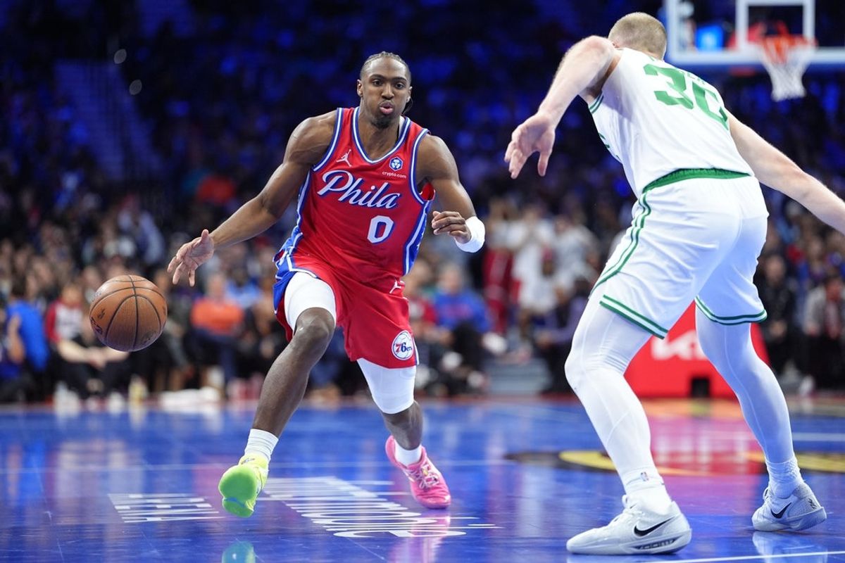 Oct 31, 2025; Philadelphia, Pennsylvania, USA; Philadelphia 76ers guard Tyrese Maxey (0) loses control of the ball against Boston Celtics forward Sam Hauser (30) in the fourth quarter at Xfinity Mobile Arena. Mandatory Credit: Kyle Ross-Imagn Images
