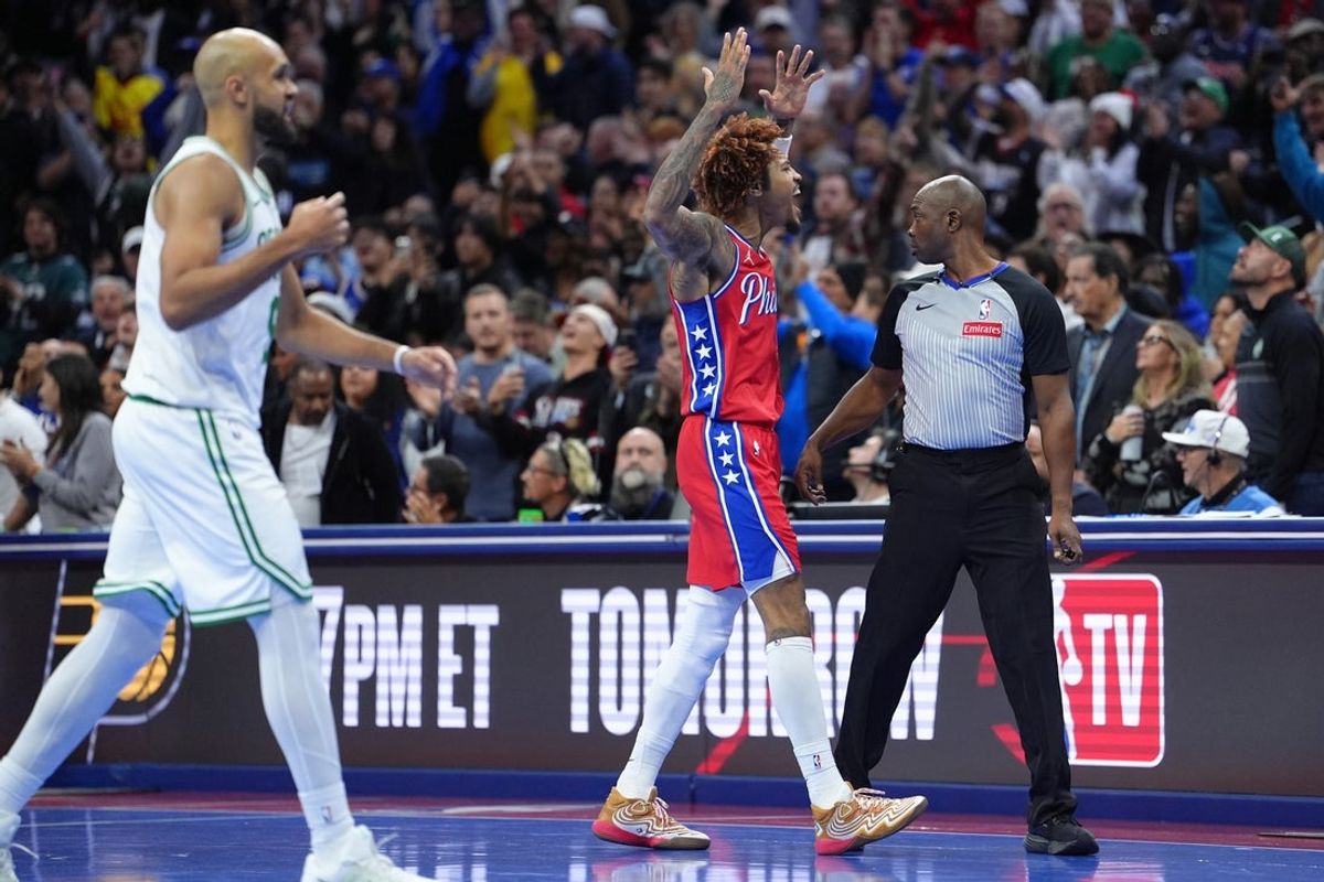 Oct 31, 2025; Philadelphia, Pennsylvania, USA; Philadelphia 76ers guard Kelly Oubre Jr (9) reacts against the Boston Celtics in the fourth quarter at Xfinity Mobile Arena. Mandatory Credit: Kyle Ross-Imagn Images
