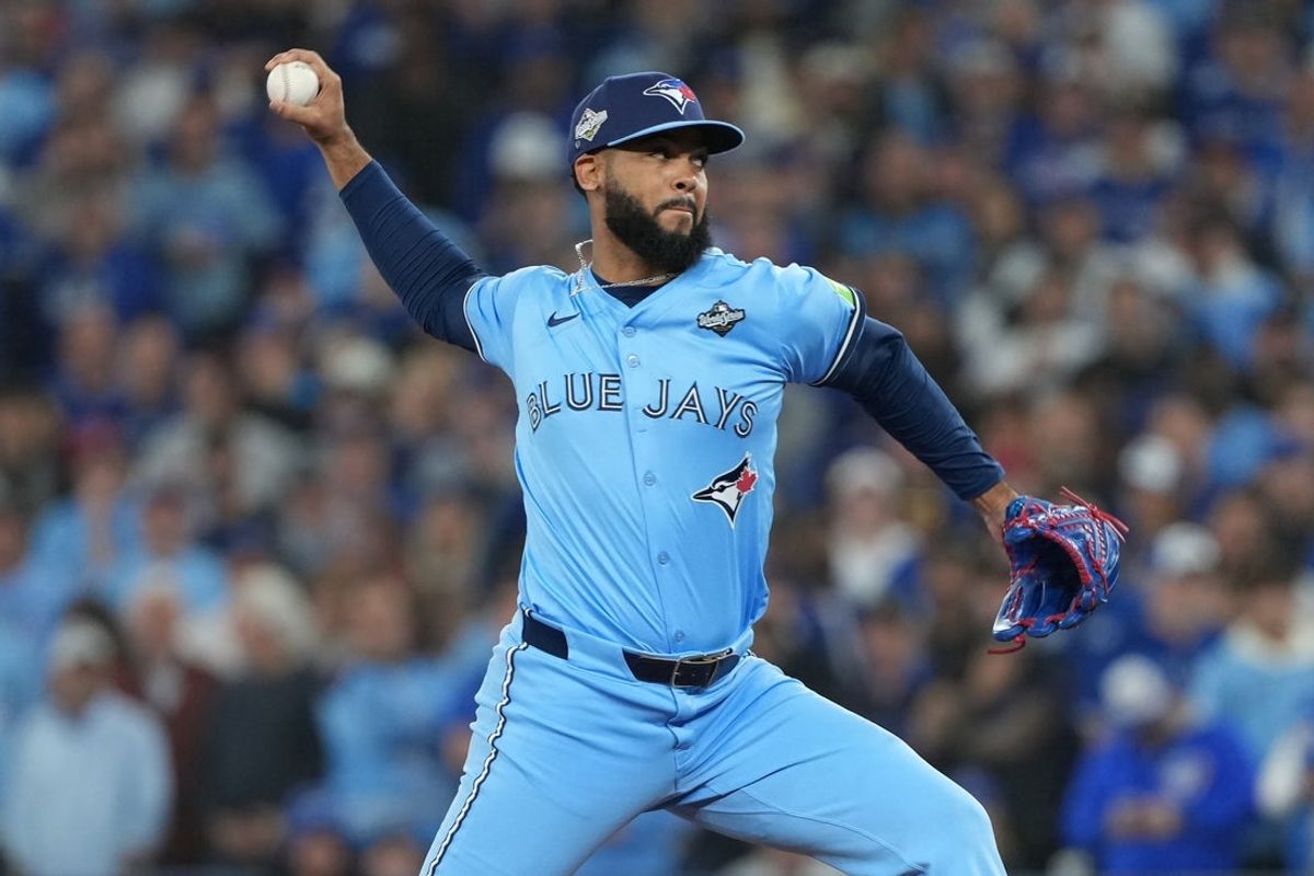 Oct 31, 2025; Toronto, Ontario, CAN; Toronto Blue Jays pitcher Seranthony Dominguez (48) throws pitch in the eighth inning for game six of the 2025 MLB World Series at Rogers Centre. Mandatory Credit: Nick Turchiaro-Imagn Images