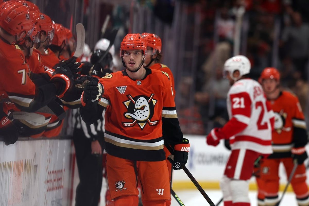 Oct 31, 2025; Anaheim, California, USA;  Anaheim Ducks right wing Troy Terry (19) celebrates with teammates after scoring a goal during the first period at Honda Center. Mandatory Credit: Kiyoshi Mio-Imagn Images