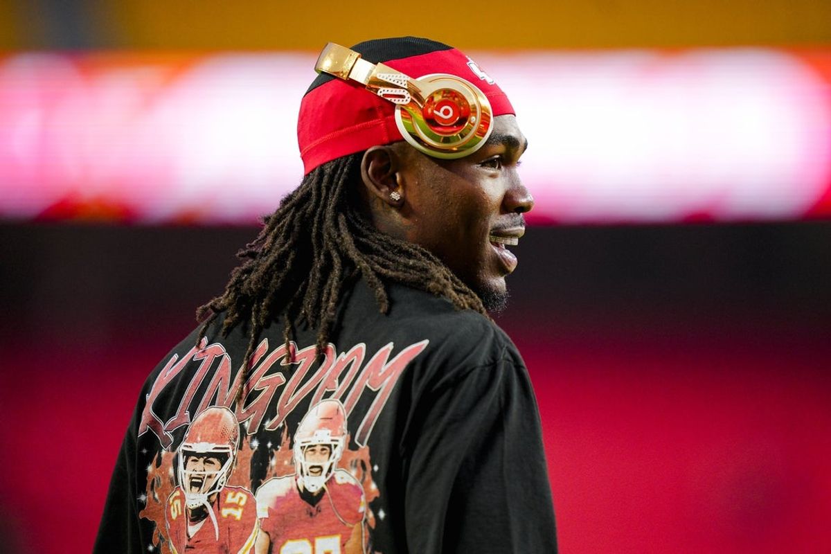 Oct 27, 2025; Kansas City, Missouri, USA; Kansas City Chiefs wide receiver Rashee Rice (4) warms up prior to a game against the Washington Commanders at GEHA Field at Arrowhead Stadium. Mandatory Credit: Jay Biggerstaff-Imagn Images