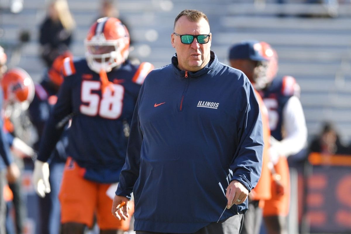 Nov 1, 2025; Champaign, Illinois, USA;  Illinois Fighting Illini head coach Bret Bielema before an NCAA game against the Rutgers Scarlet Knights at Memorial Stadium. Mandatory Credit: Ron Johnson-Imagn Images
