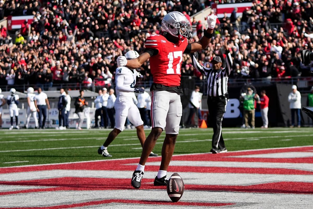 Ohio State Buckeyes wide receiver Carnell Tate (17) celebrates a touchdown during the NCAA football game against the Penn State Nittany Lions at Ohio Stadium in Columbus on Nov. 1, 2025.