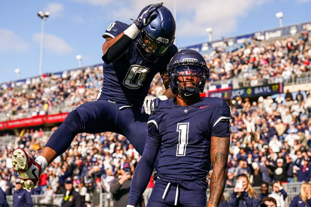 Nov 1, 2025; East Hartford, Connecticut, USA; UConn Huskies wide receiver Skyler Bell (1) reacts after his touchdown against the UAB Blazers in the second quarter at Pratt & Whitney Stadium at Rentschler Field. Mandatory Credit: David Butler II-Imagn Images