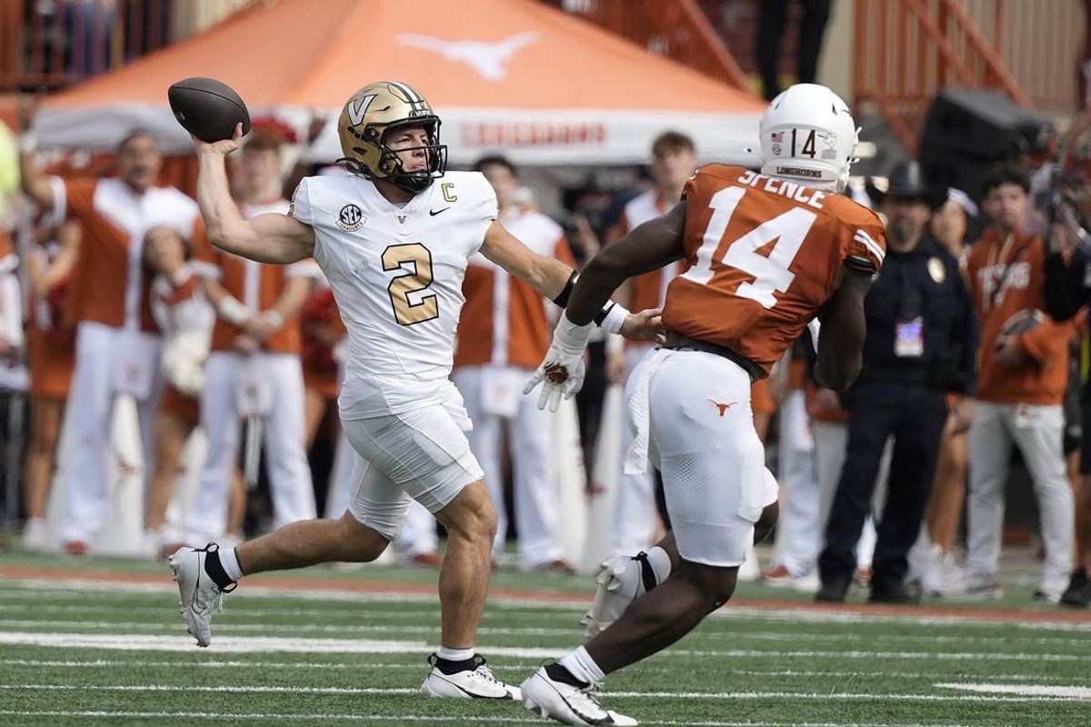 Nov 1, 2025; Austin, Texas, USA; Vanderbilt Commodores quarterback Diego Pavia (2) throws a pass during the first half against the Texas Longhorns at Darrell K Royal-Texas Memorial Stadium. Mandatory Credit: Scott Wachter-Imagn Images