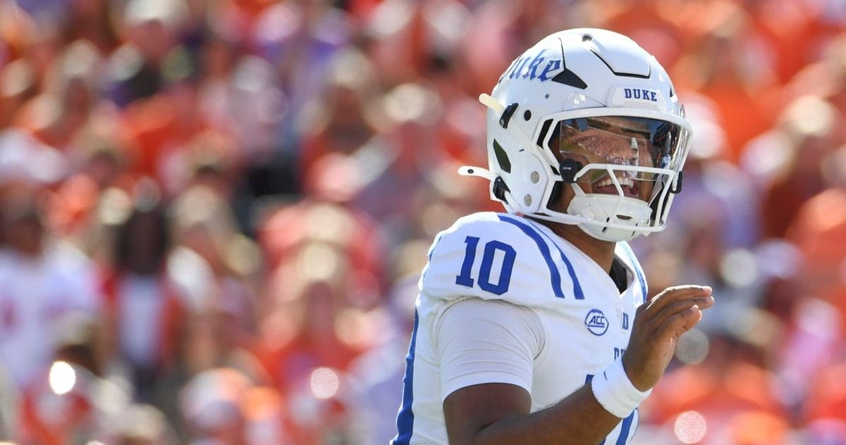 Duke Blue Devils quarterback Darian Mensah (10) yells to the sideline Saturday, Nov. 1, 2025, during the NCAA football game against the Clemson Tigers at Memorial Stadium in Clemson, South Carolina.