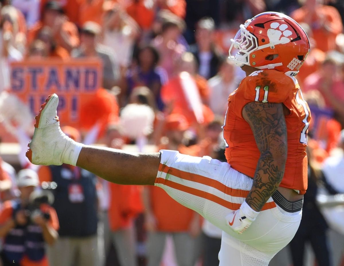 Clemson Tigers defensive tackle Peter Woods (11) celebrates after sacking Duke Blue Devils quarterback Darian Mensah (10) Saturday, Nov. 1, 2025, during the NCAA football game at Memorial Stadium in Clemson, South Carolina.