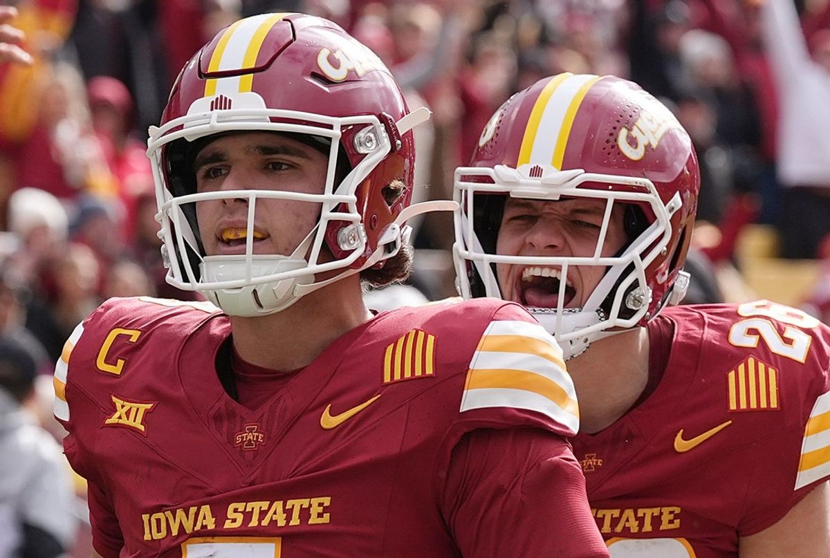 Iowa State Cyclones' quarterback Rocco Becht (3) and running back Carson Hansen (26) celebrate after a touchdown against Arizona State during the first quarter in the Big-12 showdown at jack Trice Stadium on Nov. 1, 2025, in Ames, Iowa.