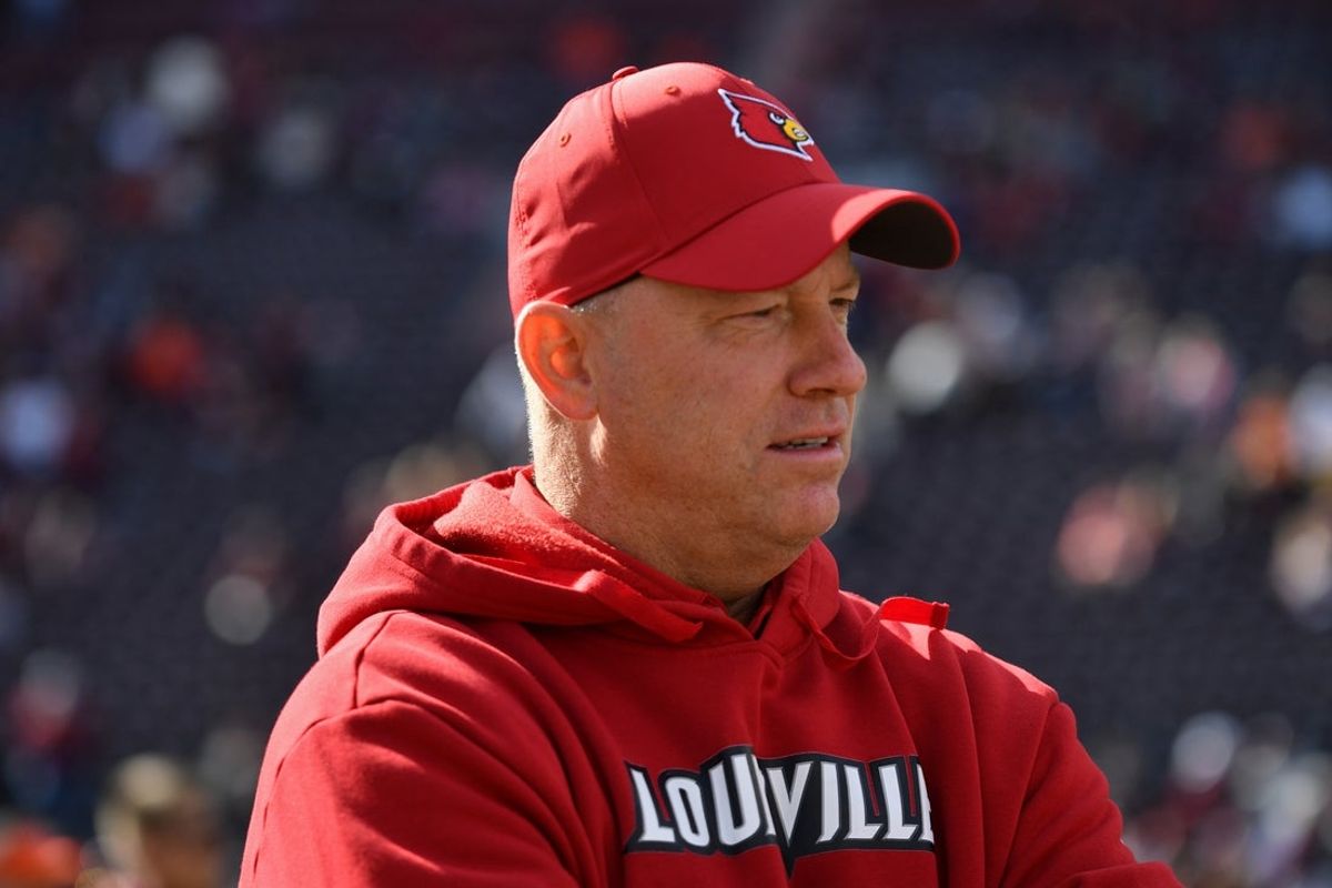 Nov 1, 2025; Blacksburg, Virginia, USA;  Louisville Cardinals head coach Jeff Brohm looks on before the game against the Virginia Tech Hokies at Lane Stadium. Mandatory Credit: Brian Bishop-Imagn Images