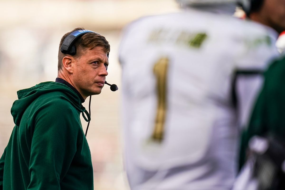 Nov 1, 2025; East Hartford, Connecticut, USA;  UAB Blazers interim head coach Alex Mortensen watches from the sideline as they take on the UConn Huskies at Pratt & Whitney Stadium at Rentschler Field. Mandatory Credit: David Butler II-Imagn Images