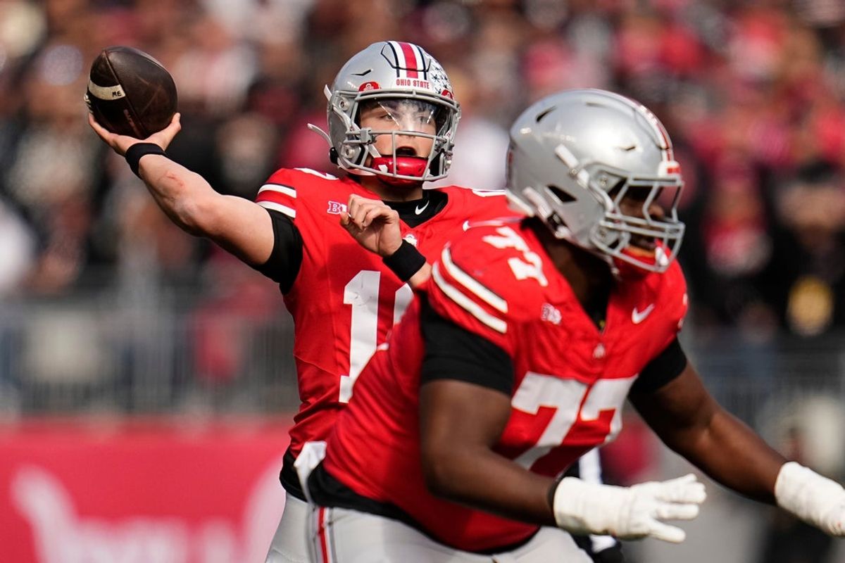 Ohio State Buckeyes quarterback Julian Sayin (10) throws during the NCAA football game against the Penn State Nittany Lions at Ohio Stadium in Columbus on Nov. 1, 2025.