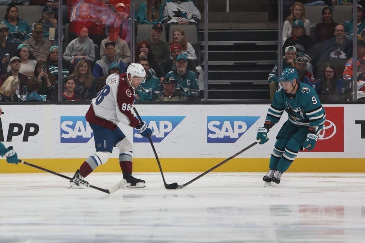 Nov 1, 2025; San Jose, California, USA; Colorado Avalanche center Martin Necas (88) scores a goal against the San Jose Sharks during the first period at SAP Center at San Jose. Mandatory Credit: Dennis Lee-Imagn Images