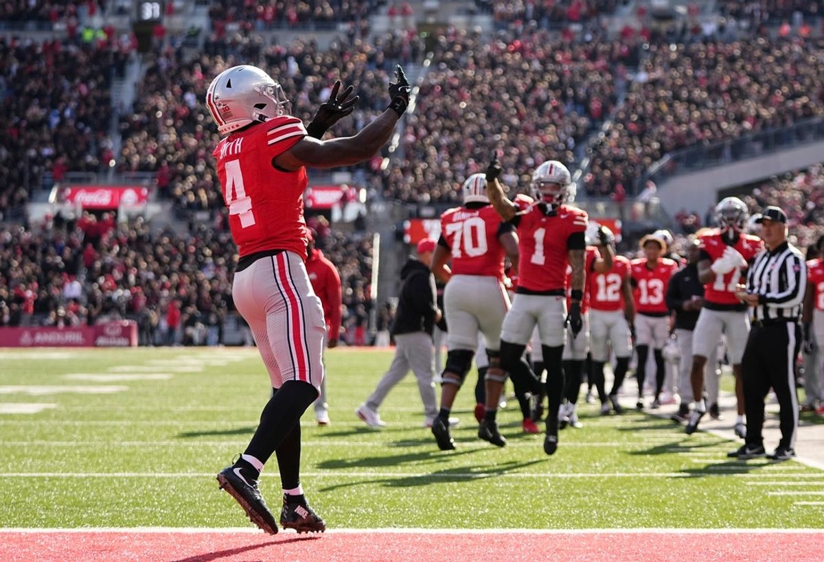 Ohio State Buckeyes wide receiver Jeremiah Smith (4) celebrates a touchdown during the NCAA football game against the Penn State Nittany Lions at Ohio Stadium in Columbus on Nov. 1, 2025.