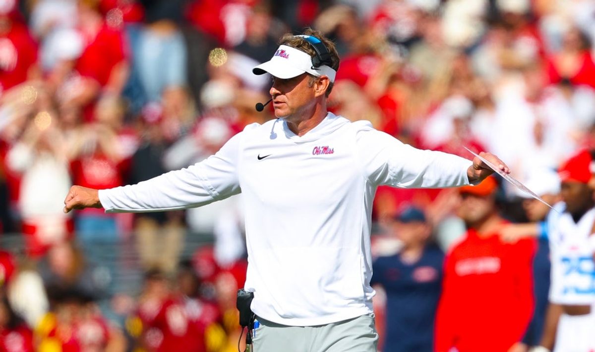 Oct 25, 2025; Norman, Oklahoma, USA;  Ole Miss Rebels head coach Lane Kiffin during the game against the Oklahoma Sooners at Gaylord Family-Oklahoma Memorial Stadium. Mandatory Credit: Kevin Jairaj-Imagn Images